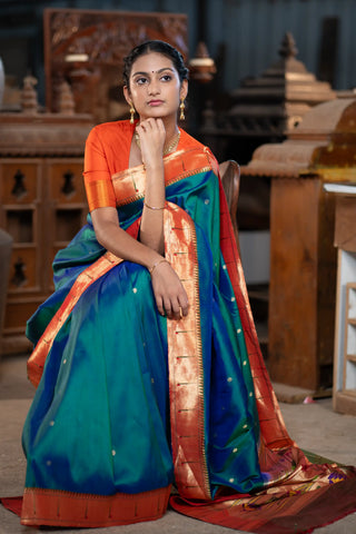 Teal Blue dual tone Paithani Pure Silk saree