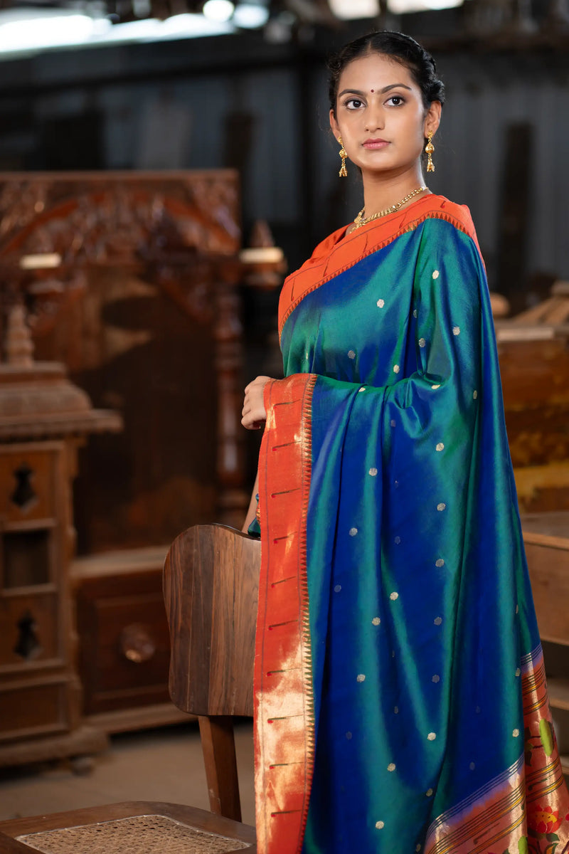 Teal Blue dual tone Paithani Pure Silk saree