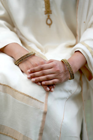 Ivory Modal Satin Silk Tanjore Suit with Detailed Hand Embroidered Zardozi