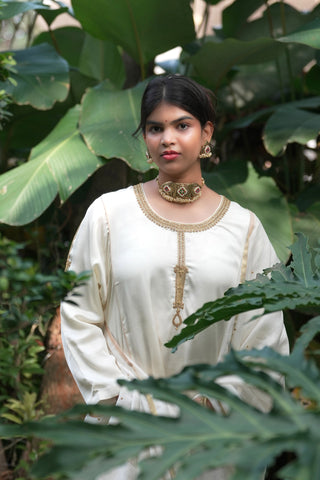 Ivory Modal Satin Silk Tanjore Suit with Detailed Hand Embroidered Zardozi