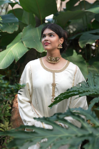 Ivory Modal Satin Silk Tanjore Suit with Detailed Hand Embroidered Zardozi