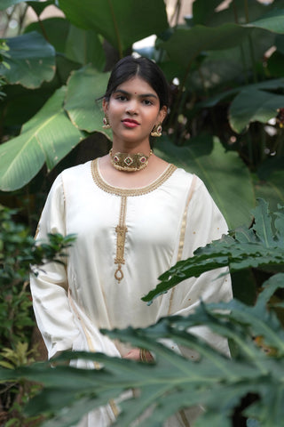 Ivory Modal Satin Silk Tanjore Suit with Detailed Hand Embroidered Zardozi