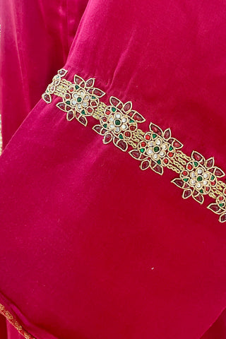 Maroon Modal Satin Kurta Pant-Dupatta Set with Tanjore Embroidery (Made to Order)