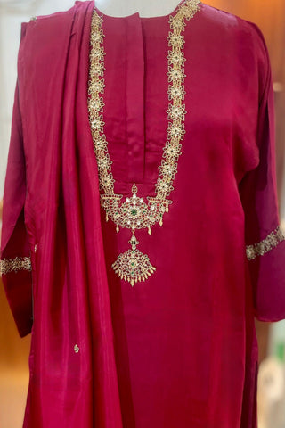 Maroon Modal Satin Kurta Pant-Dupatta Set with Tanjore Embroidery (Made to Order)
