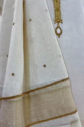 Elegant Off-White Modal Satin Kurta Pant Set with Zardozi Work & Embroidered Chanderi Dupatta