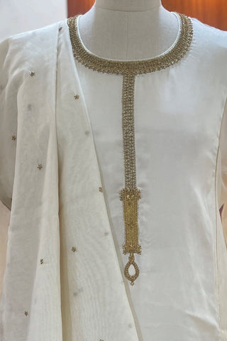 Elegant Off-White Modal Satin Kurta Pant Set with Zardozi Work & Embroidered Chanderi Dupatta