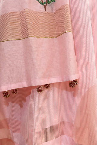 Pink Chanderi Silk Suit Set with Hand-Painted Floral Designs