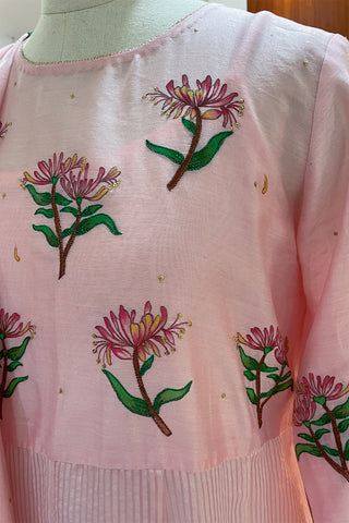 Pink Chanderi Silk Suit Set with Hand-Painted Floral Designs