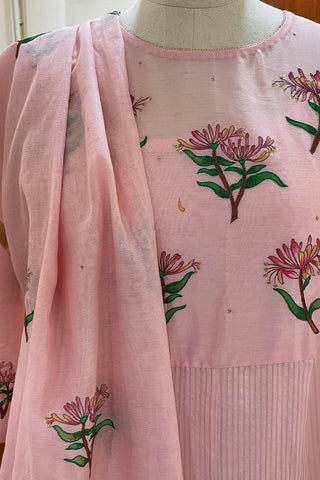 Pink Chanderi Silk Suit Set with Hand-Painted Floral Designs