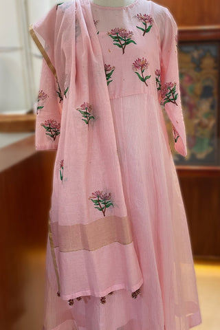 Pink Chanderi Silk Suit Set with Hand-Painted Floral Designs
