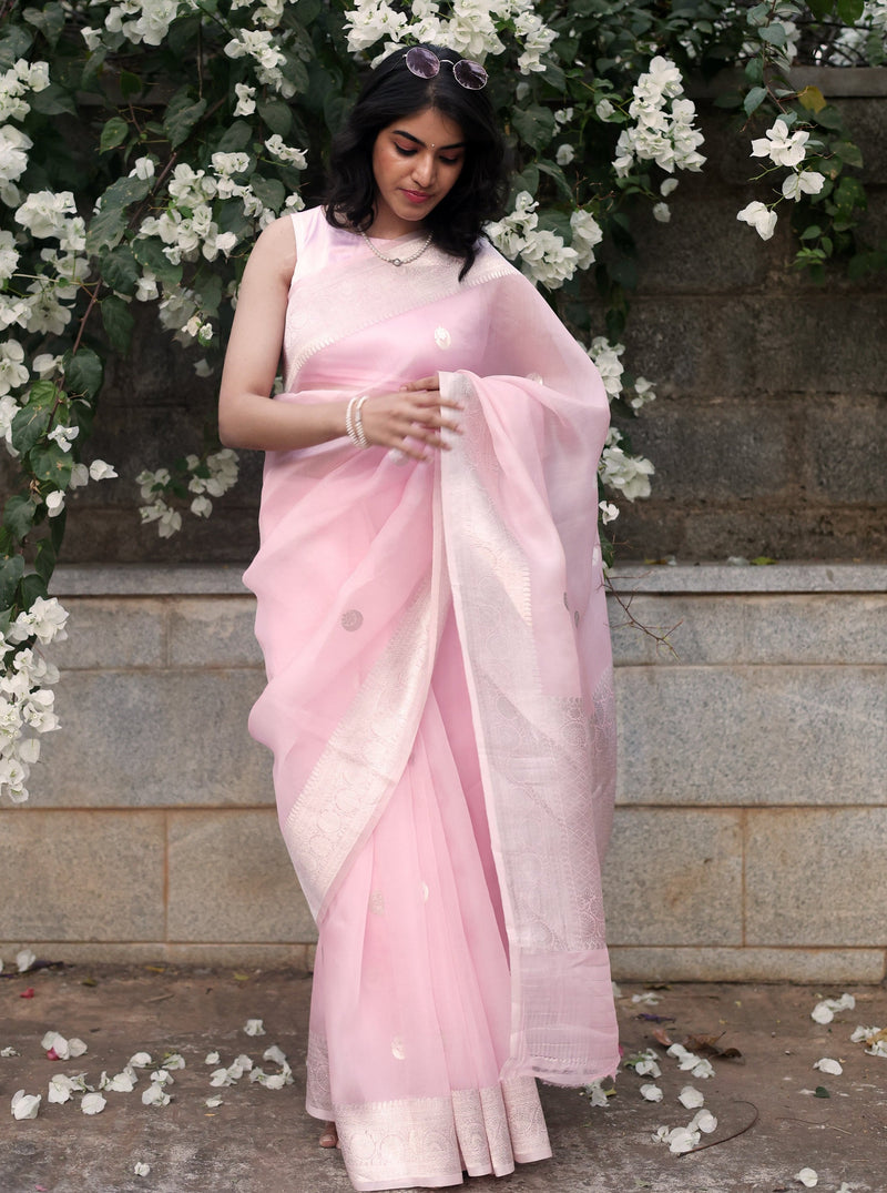 Baby Pink and Silver Organza Saree