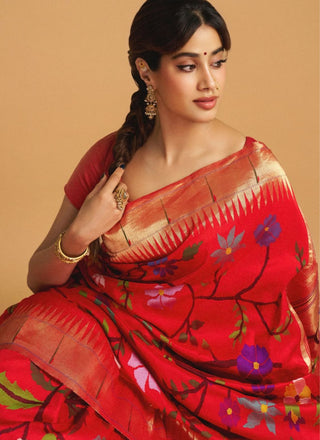 Janhvi Kapoor's Red Paithani Silk Saree with Multicolor Floral Jaal