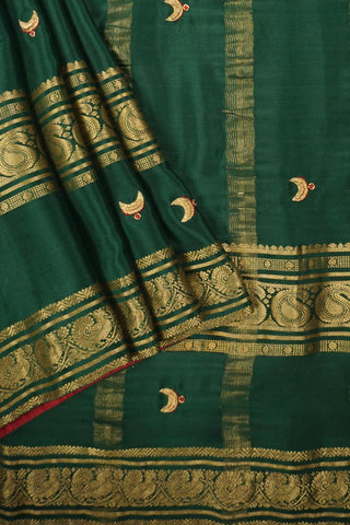 Bottle Green Pure Crepe Silk Saree with Tanjore Embroidery and Peacock Border (Made to Order)