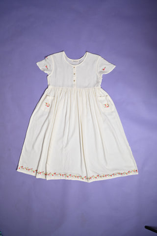 White Rayon Frock with Floral Embroidery