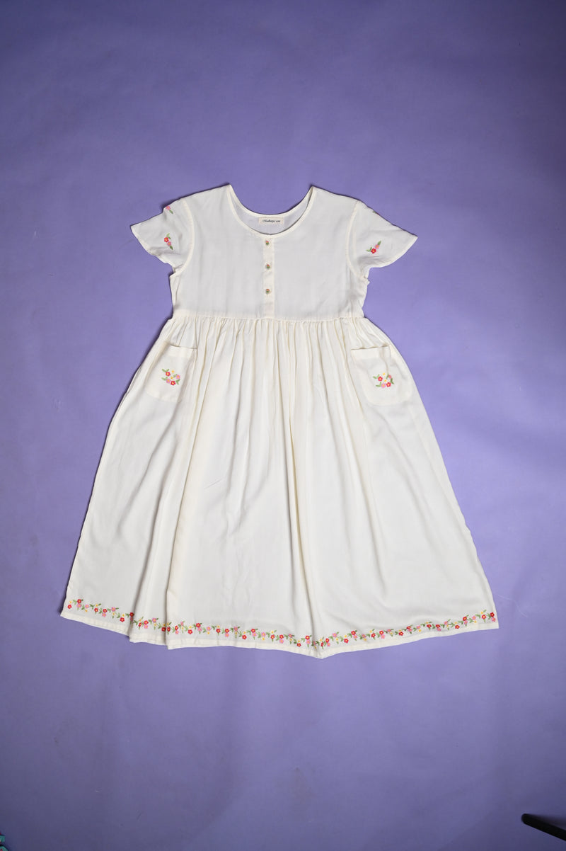 White Rayon Frock with Floral Embroidery