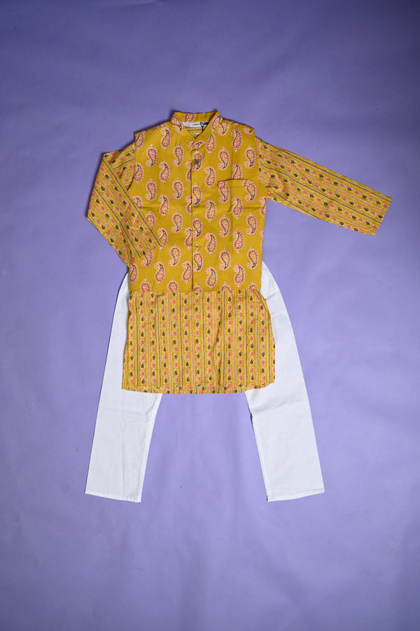 Yellow Cotton Printed Kurta Pyjama Set with Jacket
