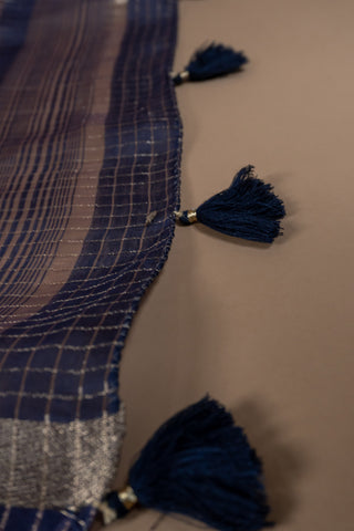 Navy Blue Art Silk Saree with Zari Grid Weave and Tassels