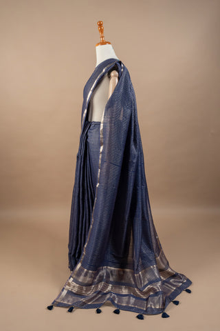 Navy Blue Art Silk Saree with Zari Grid Weave and Tassels