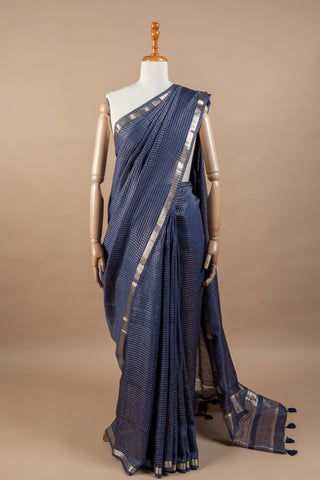 Navy Blue Art Silk Saree with Zari Grid Weave and Tassels