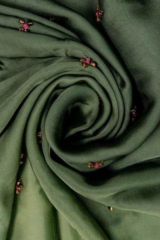 Lime to olive green ombre modal silk saree with bronze hand embroidered floral buttis and jacquard blouse