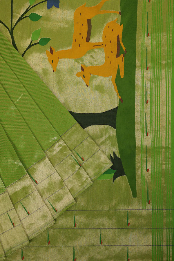 Parrot Green Handloom Silk Paithani Saree with Triple-muniya Border