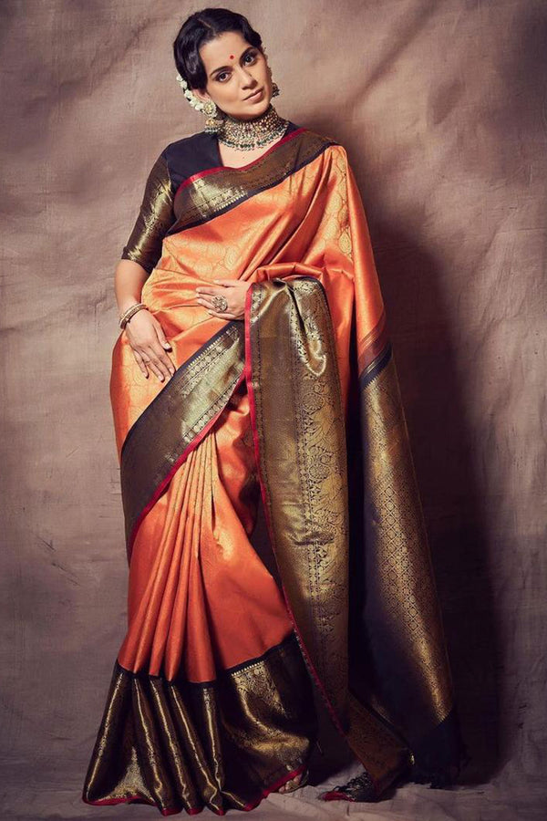 Kangana Ranaut's Rusty Orange & Black Kanchipuram Silk Saree (Made to Order)