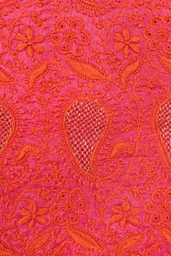 Rusty Red Tussar Silk Saree with Chikankari work