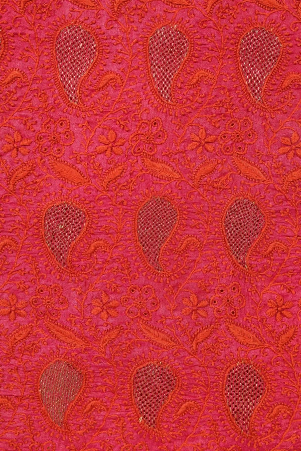 Rusty Red Tussar Silk Saree with Chikankari work