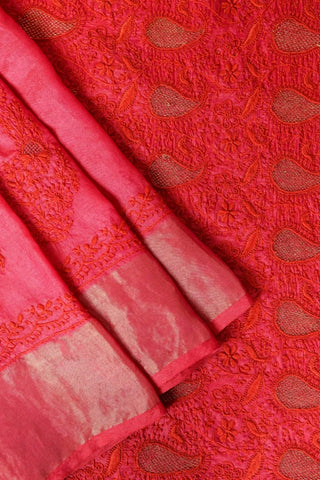 Rusty Red Tussar Silk Saree with Chikankari work