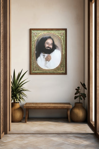 Gurudev Sri Sri Ravi Shankar Ji "Joyful Gesture" Tanjore-Style Framed Portrait