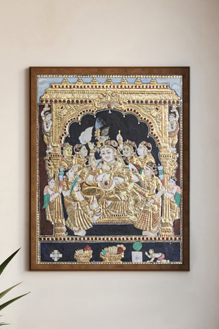 Krishna with Rukmini Stayabhama Tanjore Painting