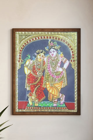 Hand-Painted Tanjore Art: Radha Krishna with Parrot - Traditional Indian Deity Painting with Gold Leaf Embellishments