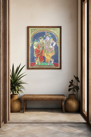 Hand-Painted Tanjore Art: Radha Krishna with Parrot - Traditional Indian Deity Painting with Gold Leaf Embellishments