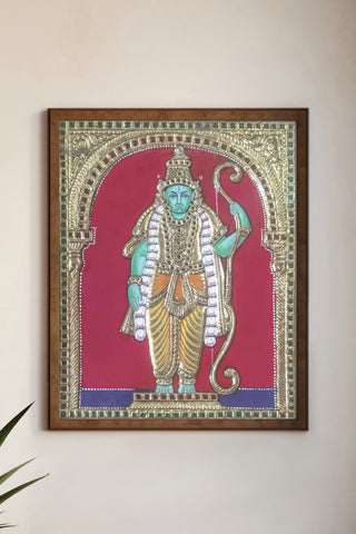 Handcrafted Lord Rama Tanjore Painting with 22K Gold Foil & Gesso Work Traditional South Indian Ar