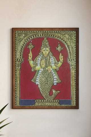 Handcrafted Matsya Avatar Tanjore Painting with 22K Gold Foil & Gesso Work Traditional South Indian Art