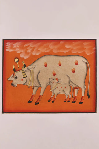 Pichwai hand-painting of Dhenu and her Calf