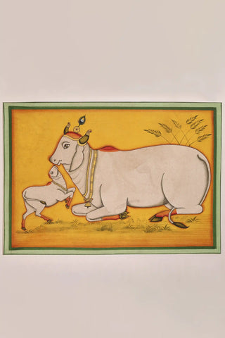 Mother and Calf Pichwai Hand-painting in Yellow