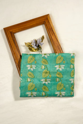 Sea green Chanderi silk cotton dupatta with white lotus hand block print and zari border