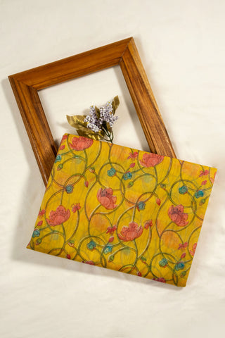 Yellow hand painted Chanderi dupatta with floral motifs and zari border