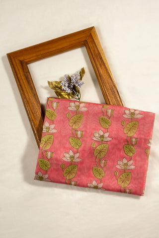 Pink Chanderi dupatta with white lotus block print and gold zari border