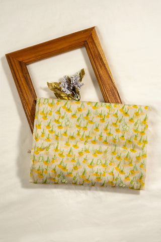 White Chanderi dupatta with yellow floral block print