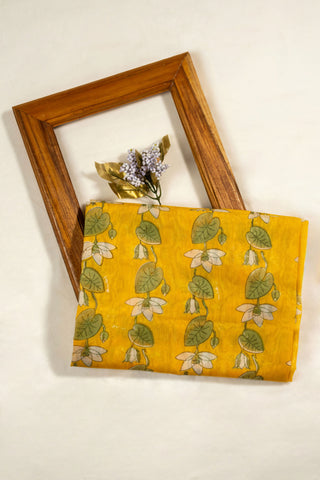 Yellow Chanderi dupatta with lotus print and zig zag pallu