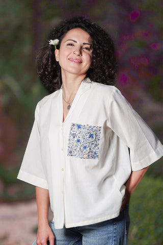 Hand embroidered floral pocket white shirt for women
