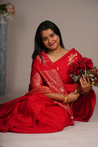 Bright Red Silk saree with Peacock Motifs