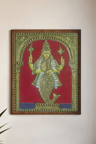 Handcrafted Matsya Avatar Tanjore Painting with 22K Gold Foil & Gesso Work Traditional South Indian Art
