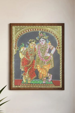 Hand-Painted Tanjore Art: Radha Krishna with Parrot - Traditional Indian Deity Painting with Gold Leaf Embellishments