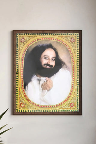 Gurudev Sri Sri Ravi Shankar Ji "Joyful Gesture" Tanjore-Style Framed Portrait