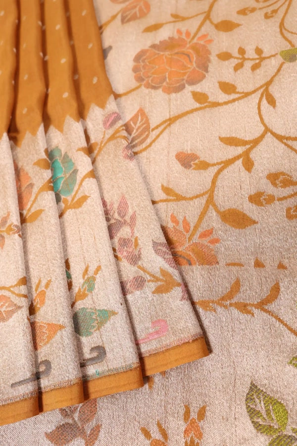 Mustard Yellow Tussar Silk Banarasi Saree