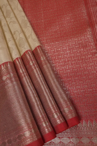 White & Dusty Red Kanjeevaram Saree