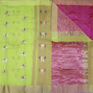 Fluroscent Green and Pink Elephant Motif Chanderi Saree